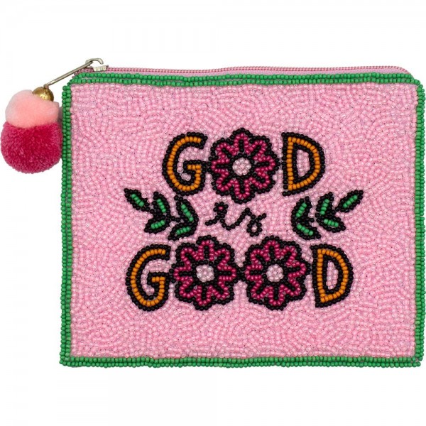 Wholesale floral GOD GOOD Seed Beaded Canvas Bag Pom Pom Zipper Fully Lined Insi