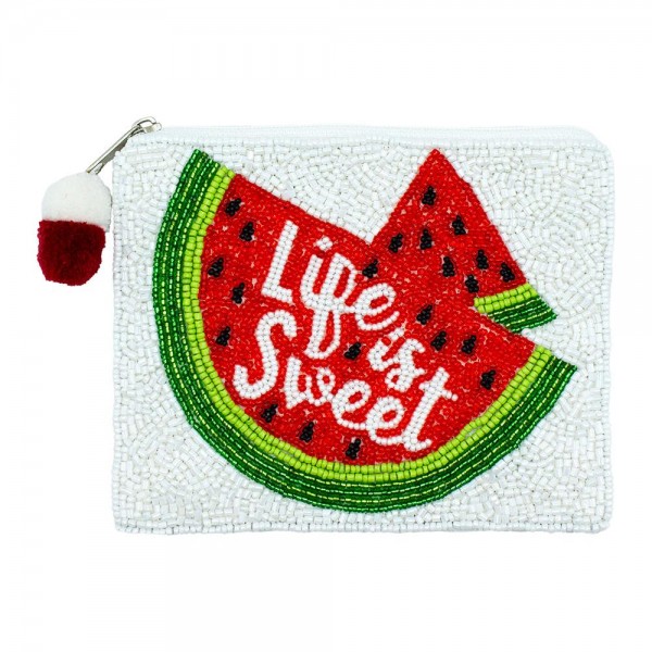 Wholesale life Sweet Watermelon Seed Beaded Canvas Bag Pom Pom Zipper Fully Lin