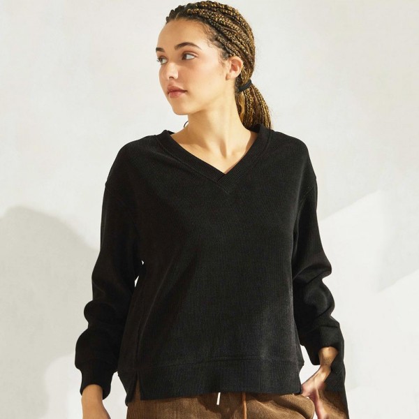 Wholesale women s V Neck Corduroy Long Sleeve Top Pack Relaxed Fit Dropped Shoul