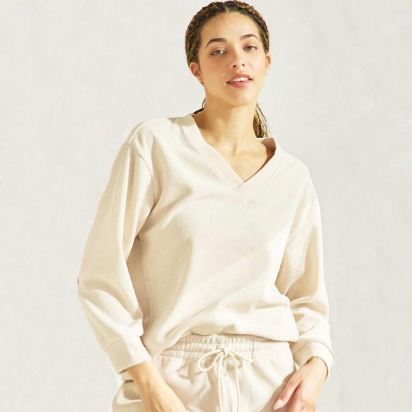 Wholesale women s V Neck Corduroy Long Sleeve Top Pack Relaxed Fit Dropped Shoul