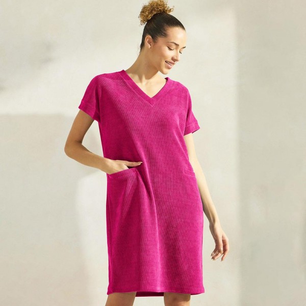 Corduroy V-Neck Short Sleeve Dress (6-Pack)

- Two Front Pockets
- Shift Silhouette
- Sleeve Hem Band 
- 98% Polyester 2% Spandex