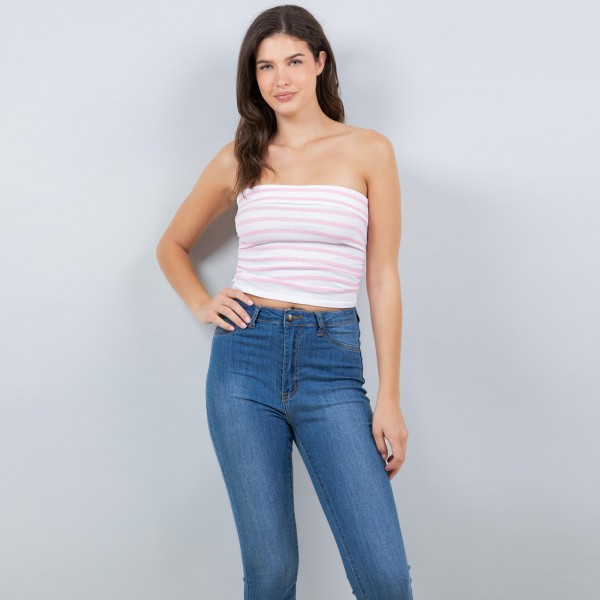 Wholesale striped Seamless Tube Top Pack Cinched Sides Stretchy Nylon Polyester