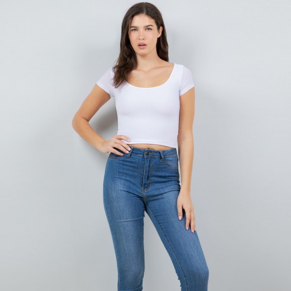 Wholesale crepe Round Neck Short Sleeve Top Soft Stretchy Polyester Spandex