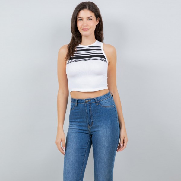 Wholesale round Neck Striped Crop Tank Top Seamless Ribbed Nylon Polyester Spand
