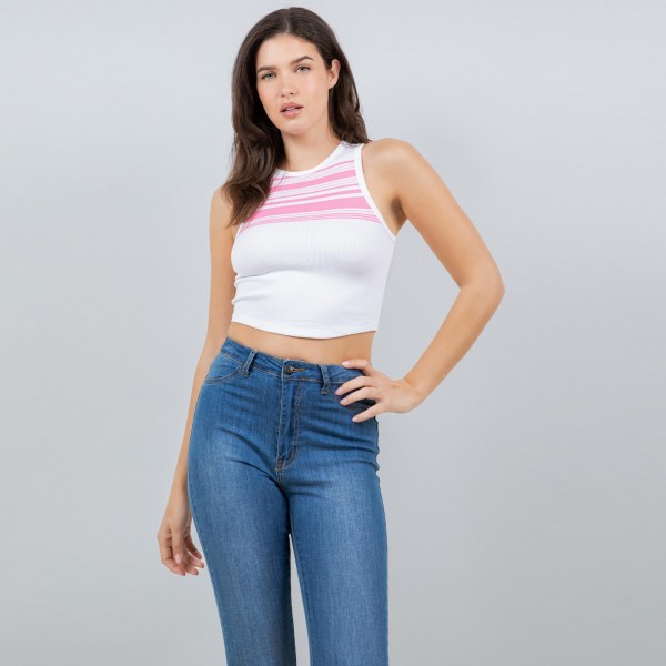 Wholesale round Neck Striped Crop Tank Top Seamless Ribbed Nylon Polyester Spand