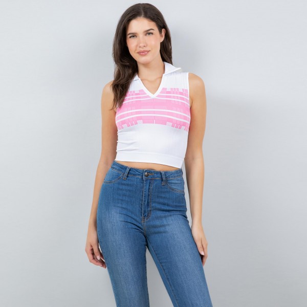 Wholesale collared Striped Crop Tank Top Ribbed Stretchy Slimming Fit Nylon Poly