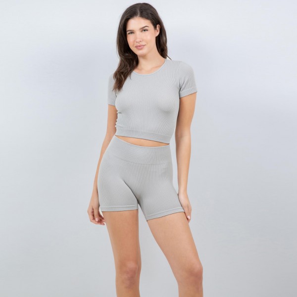Wholesale ribbed Short Sleeve Shirt Shorts Set Pack Soft Stretchy Nylon Spandex