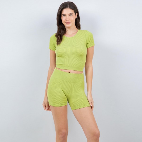 Wholesale ribbed Short Sleeve Shirt Shorts Set Pack Soft Stretchy Nylon Spandex