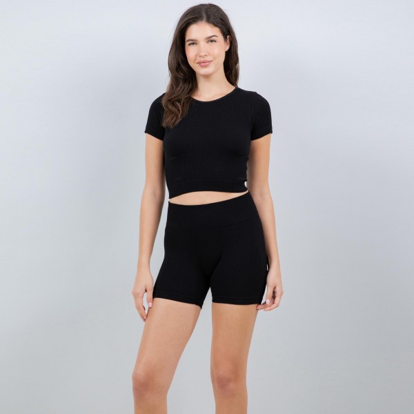 Wholesale ribbed Short Sleeve Shirt Shorts Set Pack Soft Stretchy Nylon Spandex