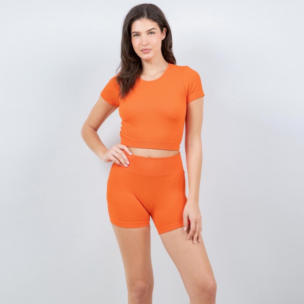 Wholesale ribbed Short Sleeve Shirt Shorts Set Pack Soft Stretchy Nylon Spandex