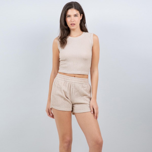 Wholesale crinkle Stretch Palazzo Shorts Tank Set Pack Waisted Elastic Waistband