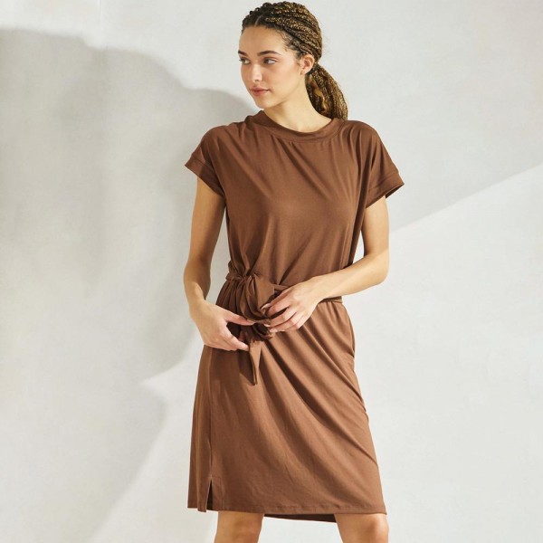 Wholesale peach Skin T Shirt Dress Pack Removable Cloth Belt Crew Neckline Neck