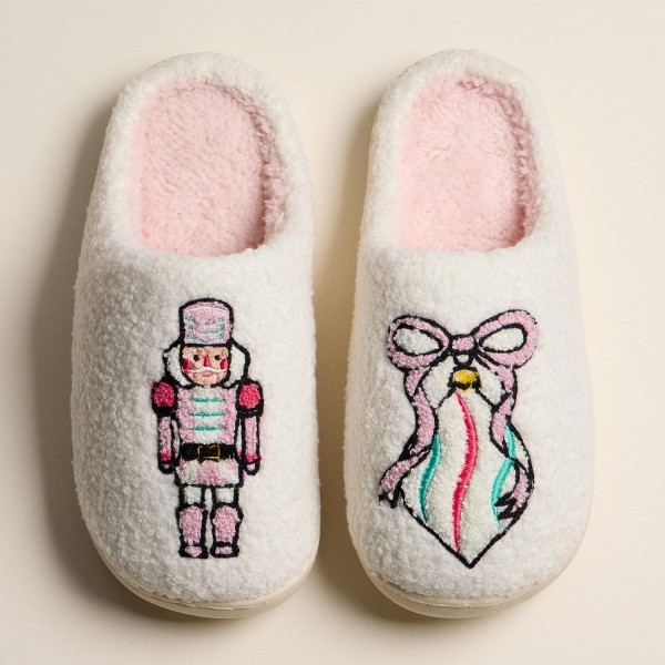 Fuzzy Holiday Slippers with Nutcracker and Ribbon Ornament (6-Pack) 

- Rubber Sole 
- Non-Slip
- 100% Polyester 