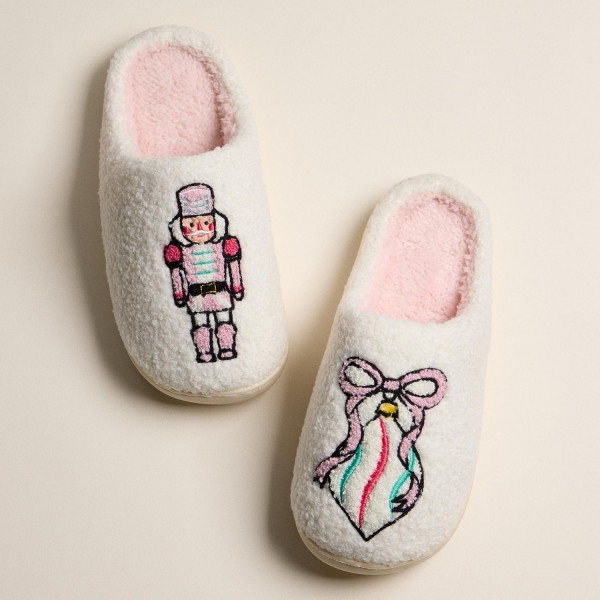 Fuzzy Holiday Slippers with Nutcracker and Ribbon Ornament (6-Pack) - Rubber Sole - Non-Slip - 100% Polyester view 5