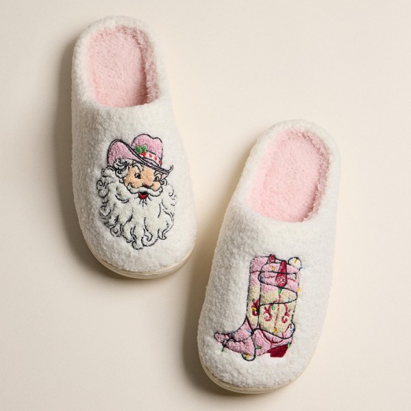 Fuzzy Holiday Slippers with Cowboy Santa and Boot Design (6-Pack) - Rubber Sole - Non-Slip view 5