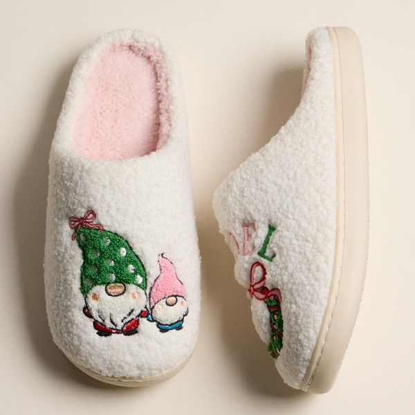 Fuzzy Holiday Slippers With Gnome And Gnoel Wreath Design (6-Pack) 

- Rubber Sole 
- Non-slip 