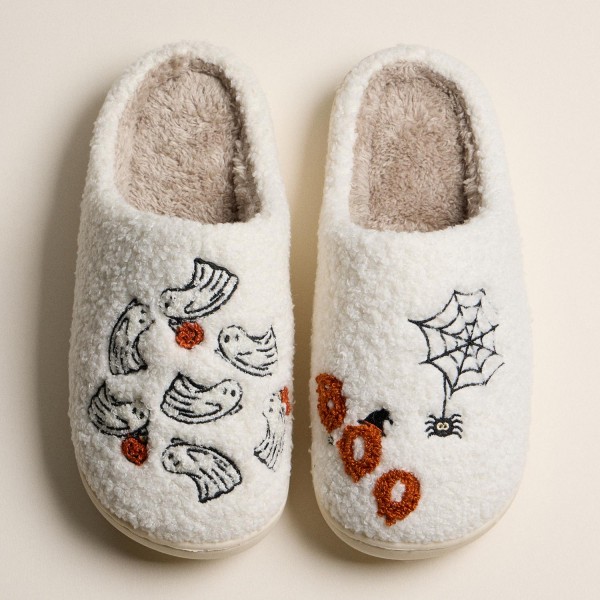Fuzzy Halloween Slippers with Ghosts and Spider Web (6-Pack)

- Rubber Sole 
- Non-Slip 