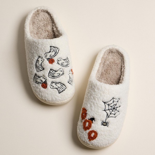 Fuzzy Halloween Slippers with Ghosts and Spider Web (6-Pack) - Rubber Sole - Non-Slip view 5