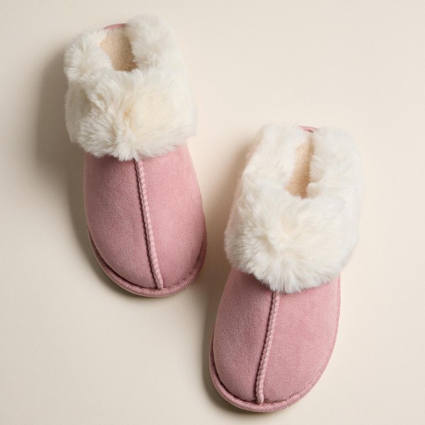 Platform Sherpa Slippers with Suede Finish And Faux Fur Collar (6-Pack) - Durable platform rubber sole - Non- Slip view 5