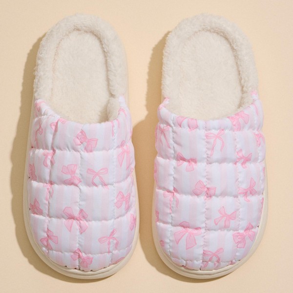 Quilted Puffy Slippers with Pink Bow Print (6-Pack)

- Rubber Sole 
- Non-Slip 
