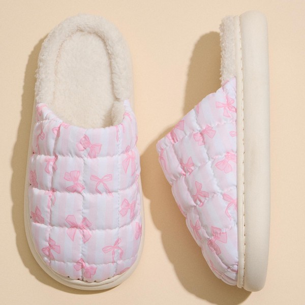 Quilted Puffy Slippers with Pink Bow Print (6-Pack)

- Rubber Sole 
- Non-Slip 
