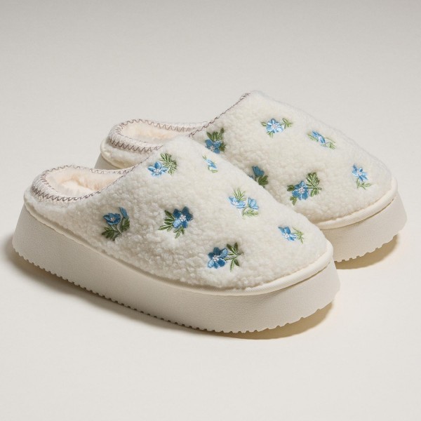 Fleece-Lined Floral Slippers with Embroidered Detail (6-Packs) - Non-slip - Cushioned Rubber Sole view 5