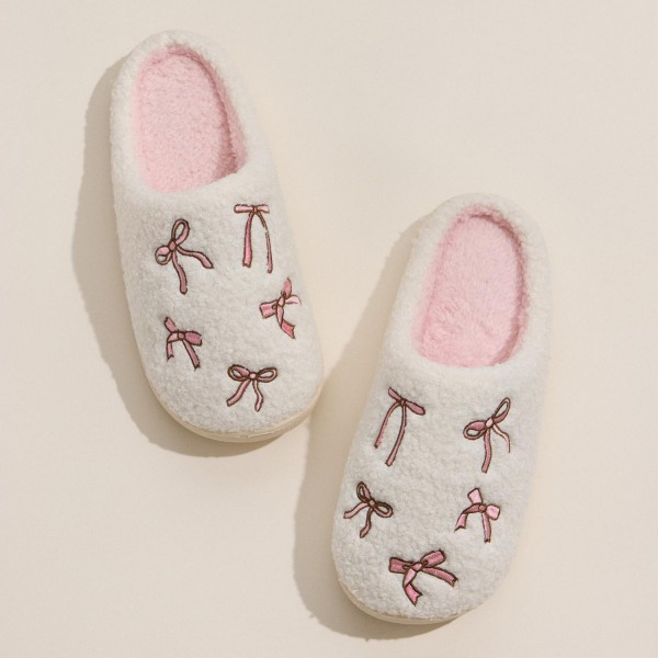 Cozy Bow Embroidered Plush Slippers (6-Pack) - Rubber Sole - Non-Slip - 100% Polyester view 5