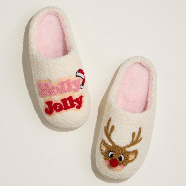 "Holly Jolly" Reindeer Embroidered Slippers (6-Pack) - Rubber Bottom - Non-Slip view 5