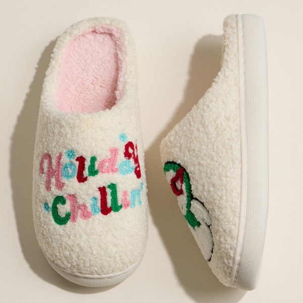 "Holiday Chillin" Embroidered Snowman Slippers (6-Pack) 

- Rubber Bottom 
- Non-Slip 
