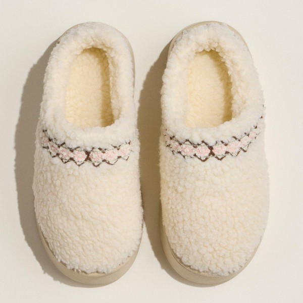 Sherpa Slippers with Removable Puffy Bow Featuring delicate floral embroidery (6-Pack) 

- Platform sole 
