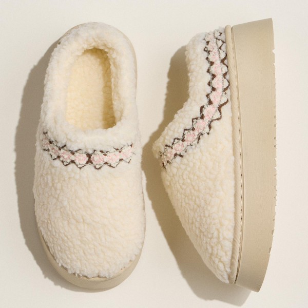 Sherpa Slippers with Removable Puffy Bow Featuring delicate floral embroidery (6-Pack) 

- Platform sole 

