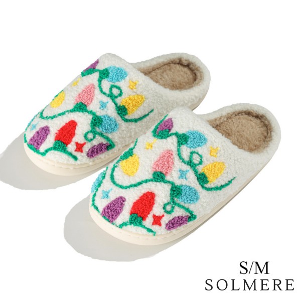 SOLMERE Slippers – Christmas Lights Slide On Slippers

Step into pure indulgence. Our Solmere Slippers blend a trend-forward design with cloud-like comfort, making every step feel like a warm embrace.

- Incredible Comfort – Lined with ultra-soft, plush material to keep your feet cozy from morning to night.

- Slip-On Ease – Effortless to wear, with a secure yet relaxed fit.

- Durable & Lightweight – Crafted for everyday wear with a cushioned sole that supports and lasts.

- US Women's Size: S/M (6-8) M/L (8-10)

- Rubber Sole



Once you slip them on, you’ll understand why SOLMERE slippers are love at first step.