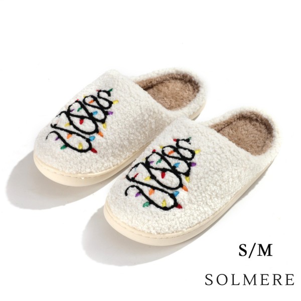 SOLMERE Slippers – Christmas Lights Tree Slide On Slippers

Step into pure indulgence. Our Solmere Slippers blend a trend-forward design with cloud-like comfort, making every step feel like a warm embrace.

- Incredible Comfort – Lined with ultra-soft, plush material to keep your feet cozy from morning to night.

- Slip-On Ease – Effortless to wear, with a secure yet relaxed fit.

- Durable & Lightweight – Crafted for everyday wear with a cushioned sole that supports and lasts.

- US Women's Size: S/M (6-8) M/L (8-10)

- Rubber Sole - Provides grip and stability for both indoor and light outdoor use.

- Thoughtful Packaging – Each pair comes neatly displayed on a branded slipper hanger with a branded card, and individually packaged.

Once you slip them on, you’ll understand why SOLMERE slippers are love at first step.