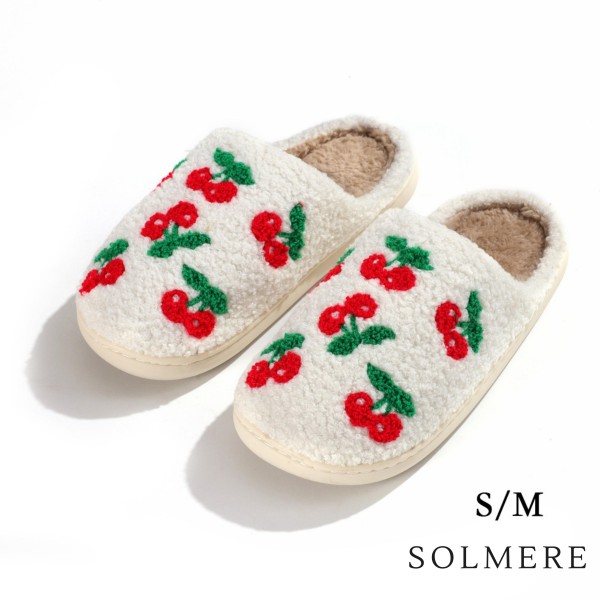 SOLMERE Slippers – Cherries Slide On Slippers

Step into pure indulgence. Our Solmere Slippers blend a trend-forward design with cloud-like comfort, making every step feel like a warm embrace.

- Incredible Comfort – Lined with ultra-soft, plush material to keep your feet cozy from morning to night.
- Slip-On Ease – Effortless to wear, with a secure yet relaxed fit.
- Durable & Lightweight – Crafted for everyday wear with a cushioned sole that supports and lasts.
- US Women's Size: S/M (6-8) M/L (8-10)
- Rubber Sole - Provides grip and stability for both indoor and light outdoor use.
- Thoughtful Packaging – Each pair comes neatly displayed on a branded slipper hanger with a branded card, and individually packaged.

Once you slip them on, you’ll understand why SOLMERE slippers are love at first step.