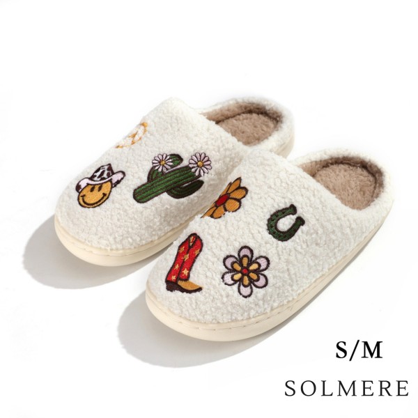 SOLMERE Slippers – Western Patch Slide On Slippers

Step into pure indulgence. Our Solmere Slippers blend a trend-forward design with cloud-like comfort, making every step feel like a warm embrace.

- Incredible Comfort – Lined with ultra-soft, plush material to keep your feet cozy from morning to night.
- Slip-On Ease – Effortless to wear, with a secure yet relaxed fit.
- Durable & Lightweight – Crafted for everyday wear with a cushioned sole that supports and lasts.
- US Women's Size: S/M (6-8) M/L (8-10)
- Rubber Sole - Provides grip and stability for both indoor and light outdoor use.
- Thoughtful Packaging – Each pair comes neatly displayed on a branded slipper hanger with a branded card, and individually packaged.

Once you slip them on, you’ll understand why SOLMERE slippers are love at first step.