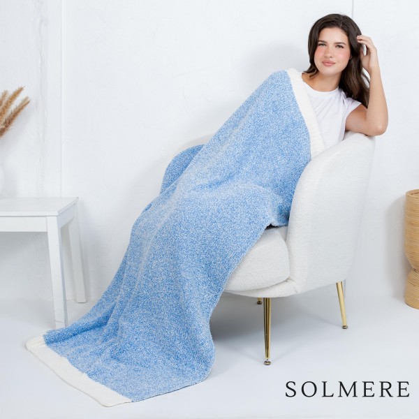 Solmere Blanket – White Bordered Solid Heathered Color Blanket

Wrap yourself in pure indulgence. Our Solmere Blanket combines a fashion-forward design with an irresistibly soft hand-feel that’s as beautiful as it is cozy.

- Luxuriously Soft – Crafted from ultra-plush, high-quality fibers you’ll want to snuggle into all season long.

- Perfectly Sized – Approximately 50” W x 60” L, perfect for draping over your sofa, bed, or yourself.

- Premium Craftsmanship – 100% polyester for lasting softness, warmth, and easy care.

- Thoughtful Packaging – Each blanket is tied with a branded ribbon in a bow and includes two cards: one featuring the SOLMERE brand and another showcasing a high-quality image of the blanket’s print. Individually packaged

Once you touch it, you’ll understand why SOLMERE blankets are love at first feel.