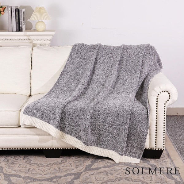 Solmere Blanket – White Bordered Solid Heathered Color Blanket

Wrap yourself in pure indulgence. Our Solmere Blanket combines a fashion-forward design with an irresistibly soft hand-feel that’s as beautiful as it is cozy.

- Luxuriously Soft – Crafted from ultra-plush, high-quality fibers you’ll want to snuggle into all season long.

- Perfectly Sized – Approximately 50” W x 60” L, perfect for draping over your sofa, bed, or yourself.

- Premium Craftsmanship – 100% polyester for lasting softness, warmth, and easy care.

- Thoughtful Packaging – Each blanket is tied with a branded ribbon in a bow and includes two cards: one featuring the SOLMERE brand and another showcasing a high-quality image of the blanket’s print. Individually packaged

Once you touch it, you’ll understand why SOLMERE blankets are love at first feel.