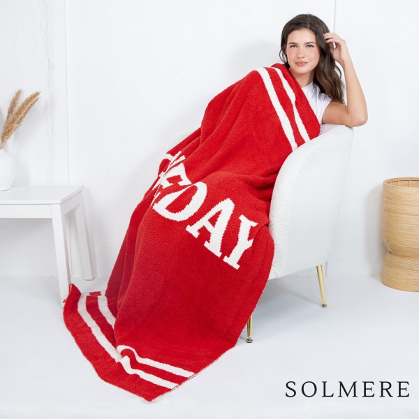 Solmere Blanket – Game Day Blanket

Wrap yourself in pure indulgence. Our Solmere Blanket combines a fashion-forward design with an irresistibly soft hand-feel that’s as beautiful as it is cozy.

- Luxuriously Soft – Crafted from ultra-plush, high-quality fibers you’ll want to snuggle into all season long.

- Perfectly Sized – Approximately 50” W x 60” L, perfect for draping over your sofa, bed, or yourself.

- Premium Craftsmanship – 100% polyester for lasting softness, warmth, and easy care.

- Thoughtful Packaging – Each blanket is tied with a branded ribbon in a bow and includes two cards: one featuring the SOLMERE brand and another showcasing a high-quality image of the blanket’s print. Individually packaged

Once you touch it, you’ll understand why SOLMERE blankets are love at first feel.
