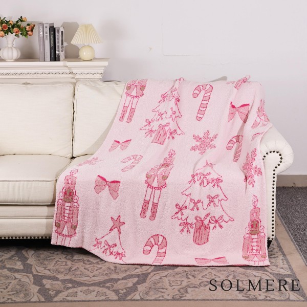 Solmere Blanket – Pink Christmas Theme Blanket

Wrap yourself in pure indulgence. Our Solmere Blanket combines a fashion-forward design with an irresistibly soft hand-feel that’s as beautiful as it is cozy.

- Luxuriously Soft – Crafted from ultra-plush, high-quality fibers you’ll want to snuggle into all season long.

- Perfectly Sized – Approximately 50” W x 60” L, perfect for draping over your sofa, bed, or yourself.

- Premium Craftsmanship – 100% polyester for lasting softness, warmth, and easy care.

- Thoughtful Packaging – Each blanket is tied with a branded ribbon in a bow and includes two cards: one featuring the SOLMERE brand and another showcasing a high-quality image of the blanket’s print. Individually packaged

Once you touch it, you’ll understand why SOLMERE blankets are love at first feel.


