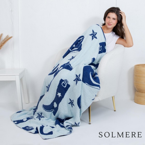Solmere Blanket – Western Theme Blanket

Wrap yourself in pure indulgence. Our Solmere Blanket combines a fashion-forward design with an irresistibly soft hand-feel that’s as beautiful as it is cozy.

- Luxuriously Soft – Crafted from ultra-plush, high-quality fibers you’ll want to snuggle into all season long.

- Perfectly Sized – Approximately 50” W x 60” L, perfect for draping over your sofa, bed, or yourself.

- Premium Craftsmanship – 100% polyester for lasting softness, warmth, and easy care.

- Thoughtful Packaging – Each blanket is tied with a branded ribbon in a bow and includes two cards: one featuring the SOLMERE brand and another showcasing a high-quality image of the blanket’s print. Individually packaged

Once you touch it, you’ll understand why SOLMERE blankets are love at first feel.
