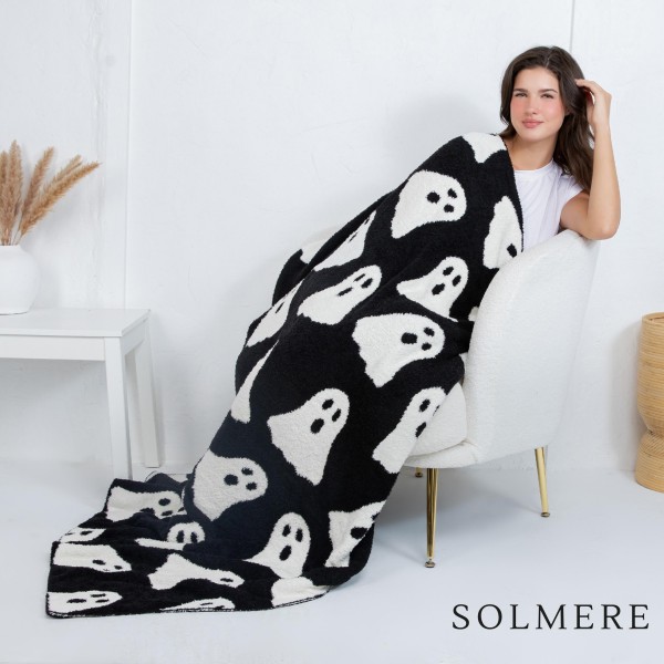 Solmere Blanket – Halloween Ghost Blanket

Wrap yourself in pure indulgence. Our Solmere Blanket combines a fashion-forward design with an irresistibly soft hand-feel that’s as beautiful as it is cozy.

- Luxuriously Soft – Crafted from ultra-plush, high-quality fibers you’ll want to snuggle into all season long.

- Perfectly Sized – Approximately 50” W x 60” L, perfect for draping over your sofa, bed, or yourself.

- Premium Craftsmanship – 100% polyester for lasting softness, warmth, and easy care.

- Thoughtful Packaging – Each blanket is tied with a branded ribbon in a bow and includes two cards: one featuring the SOLMERE brand and another showcasing a high-quality image of the blanket’s print. Individually packaged

Once you touch it, you’ll understand why SOLMERE blankets are love at first feel.
