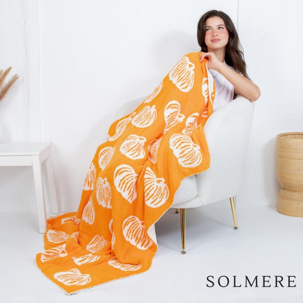 Solmere Blanket – Pumpkin Print Blanket

Wrap yourself in pure indulgence. Our Solmere Blanket combines a fashion-forward design with an irresistibly soft hand-feel that’s as beautiful as it is cozy.

- Luxuriously Soft – Crafted from ultra-plush, high-quality fibers you’ll want to snuggle into all season long.

- Perfectly Sized – Approximately 50” W x 60” L, perfect for draping over your sofa, bed, or yourself.

- Premium Craftsmanship – 100% polyester for lasting softness, warmth, and easy care.

- Thoughtful Packaging – Each blanket is tied with a branded ribbon in a bow and includes two cards: one featuring the SOLMERE brand and another showcasing a high-quality image of the blanket’s print. Individually packaged

Once you touch it, you’ll understand why SOLMERE blankets are love at first feel.
