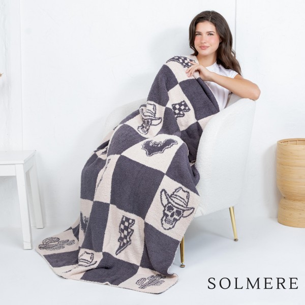 Solmere Blanket – Checkered Western Theme Blanket

Wrap yourself in pure indulgence. Our Solmere Blanket combines a fashion-forward design with an irresistibly soft hand-feel that’s as beautiful as it is cozy.

- Luxuriously Soft – Crafted from ultra-plush, high-quality fibers you’ll want to snuggle into all season long.

- Perfectly Sized – Approximately 50” W x 60” L, perfect for draping over your sofa, bed, or yourself.

- Premium Craftsmanship – 100% polyester for lasting softness, warmth, and easy care.

- Thoughtful Packaging – Each blanket is tied with a branded ribbon in a bow and includes two cards: one featuring the SOLMERE brand and another showcasing a high-quality image of the blanket’s print. Individually packaged

Once you touch it, you’ll understand why SOLMERE blankets are love at first feel.
