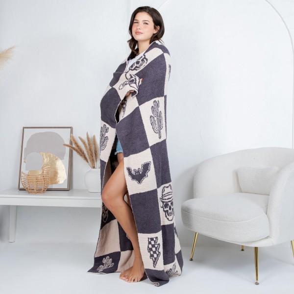 Solmere Blanket – Checkered Western Theme Blanket

Wrap yourself in pure indulgence. Our Solmere Blanket combines a fashion-forward design with an irresistibly soft hand-feel that’s as beautiful as it is cozy.

- Luxuriously Soft – Crafted from ultra-plush, high-quality fibers you’ll want to snuggle into all season long.

- Perfectly Sized – Approximately 50” W x 60” L, perfect for draping over your sofa, bed, or yourself.

- Premium Craftsmanship – 100% polyester for lasting softness, warmth, and easy care.

- Thoughtful Packaging – Each blanket is tied with a branded ribbon in a bow and includes two cards: one featuring the SOLMERE brand and another showcasing a high-quality image of the blanket’s print. Individually packaged

Once you touch it, you’ll understand why SOLMERE blankets are love at first feel.
