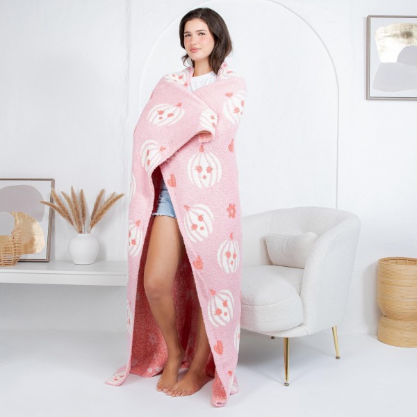 Solmere Blanket – Lovely Pink Pumpkin Blanket

Wrap yourself in pure indulgence. Our Solmere Blanket combines a fashion-forward design with an irresistibly soft hand-feel that’s as beautiful as it is cozy.

- Luxuriously Soft – Crafted from ultra-plush, high-quality fibers you’ll want to snuggle into all season long.

- Perfectly Sized – Approximately 50” W x 60” L, perfect for draping over your sofa, bed, or yourself.

- Premium Craftsmanship – 100% polyester for lasting softness, warmth, and easy care.

- Thoughtful Packaging – Each blanket is tied with a branded ribbon in a bow and includes two cards: one featuring the SOLMERE brand and another showcasing a high-quality image of the blanket’s print. Individually packaged

Once you touch it, you’ll understand why SOLMERE blankets are love at first feel.
