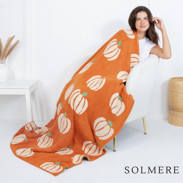 Solmere Blanket – Animated Pumpkin Print Blanket

Wrap yourself in pure indulgence. Our Solmere Blanket combines a fashion-forward design with an irresistibly soft hand-feel that’s as beautiful as it is cozy.

- Luxuriously Soft – Crafted from ultra-plush, high-quality fibers you’ll want to snuggle into all season long.

- Perfectly Sized – Approximately 50” W x 60” L, perfect for draping over your sofa, bed, or yourself.

- Premium Craftsmanship – 100% polyester for lasting softness, warmth, and easy care.

- Thoughtful Packaging – Each blanket is tied with a branded ribbon in a bow and includes two cards: one featuring the SOLMERE brand and another showcasing a high-quality image of the blanket’s print. Individually packaged

Once you touch it, you’ll understand why SOLMERE blankets are love at first feel.
