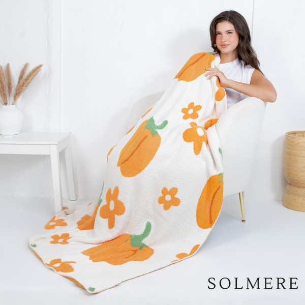 Solmere Blanket – Pumpkin & Floral Blanket

Wrap yourself in pure indulgence. Our Solmere Blanket combines a fashion-forward design with an irresistibly soft hand-feel that’s as beautiful as it is cozy.

- Luxuriously Soft – Crafted from ultra-plush, high-quality fibers you’ll want to snuggle into all season long.

- Perfectly Sized – Approximately 50” W x 60” L, perfect for draping over your sofa, bed, or yourself.

- Premium Craftsmanship – 100% polyester for lasting softness, warmth, and easy care.

- Thoughtful Packaging – Each blanket is tied with a branded ribbon in a bow and includes two cards: one featuring the SOLMERE brand and another showcasing a high-quality image of the blanket’s print. Individually packaged

Once you touch it, you’ll understand why SOLMERE blankets are love at first feel.
