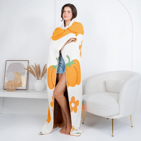 Solmere Blanket – Pumpkin & Floral Blanket

Wrap yourself in pure indulgence. Our Solmere Blanket combines a fashion-forward design with an irresistibly soft hand-feel that’s as beautiful as it is cozy.

- Luxuriously Soft – Crafted from ultra-plush, high-quality fibers you’ll want to snuggle into all season long.

- Perfectly Sized – Approximately 50” W x 60” L, perfect for draping over your sofa, bed, or yourself.

- Premium Craftsmanship – 100% polyester for lasting softness, warmth, and easy care.

- Thoughtful Packaging – Each blanket is tied with a branded ribbon in a bow and includes two cards: one featuring the SOLMERE brand and another showcasing a high-quality image of the blanket’s print. Individually packaged

Once you touch it, you’ll understand why SOLMERE blankets are love at first feel.
