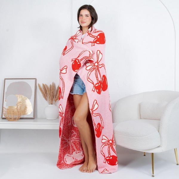 Solmere Blanket – Oversized Cherries Blanket

Wrap yourself in pure indulgence. Our Solmere Blanket combines a fashion-forward design with an irresistibly soft hand-feel that’s as beautiful as it is cozy.

- Luxuriously Soft – Crafted from ultra-plush, high-quality fibers you’ll want to snuggle into all season long.

- Perfectly Sized – Approximately 50” W x 60” L, perfect for draping over your sofa, bed, or yourself.

- Premium Craftsmanship – 100% polyester for lasting softness, warmth, and easy care.

- Thoughtful Packaging – Each blanket is tied with a branded ribbon in a bow and includes two cards: one featuring the SOLMERE brand and another showcasing a high-quality image of the blanket’s print. Individually packaged

Once you touch it, you’ll understand why SOLMERE blankets are love at first feel.
