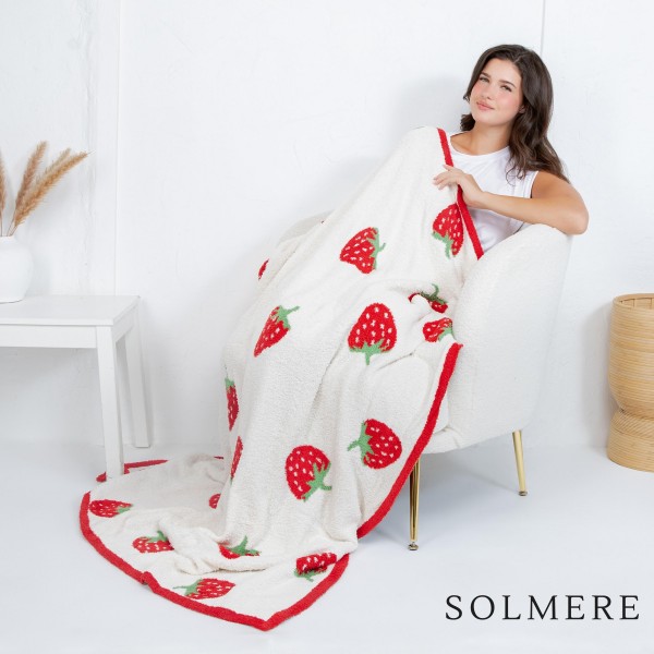 Solmere Blanket – Cherry Print Blanket

Wrap yourself in pure indulgence. Our Solmere Blanket combines a fashion-forward design with an irresistibly soft hand-feel that’s as beautiful as it is cozy.

- Luxuriously Soft – Crafted from ultra-plush, high-quality fibers you’ll want to snuggle into all season long.

- Perfectly Sized – Approximately 50” W x 60” L, perfect for draping over your sofa, bed, or yourself.

- Premium Craftsmanship – 100% polyester for lasting softness, warmth, and easy care.

- Thoughtful Packaging – Each blanket is tied with a branded ribbon in a bow and includes two cards: one featuring the SOLMERE brand and another showcasing a high-quality image of the blanket’s print. Individually packaged

Once you touch it, you’ll understand why SOLMERE blankets are love at first feel.
